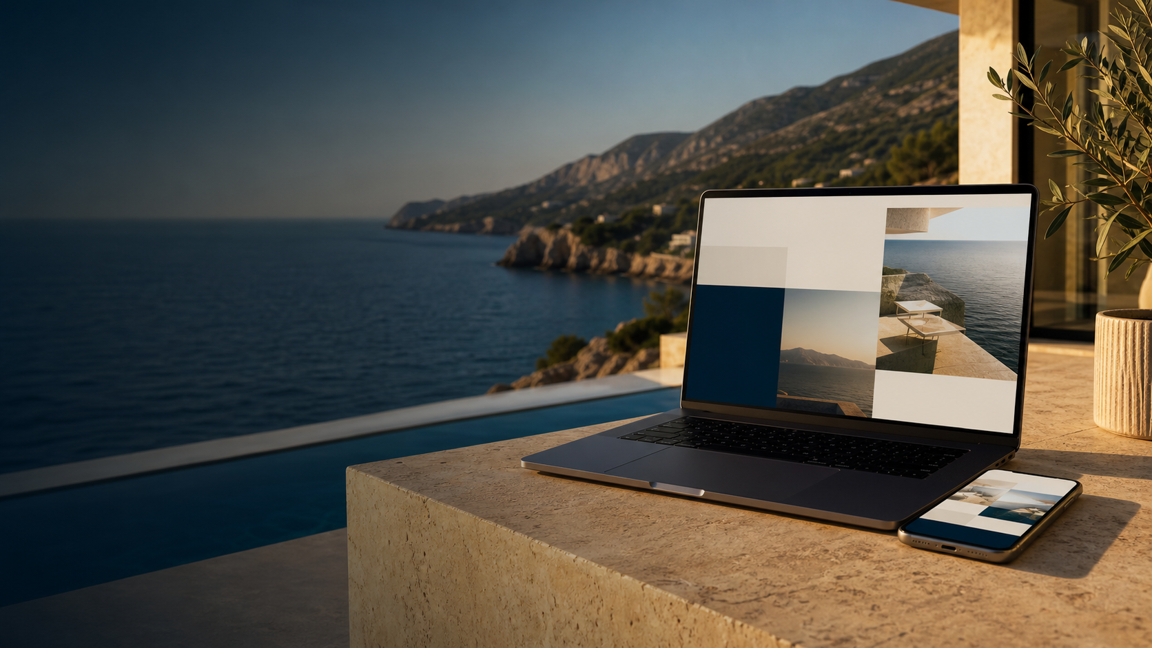 Laptop s prikazom web stranice uz more
